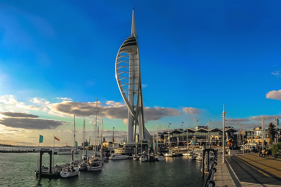 A blue sky, scenic view of the Spinnaker Tower in Gunwharf Portsmouth. An area that Business technology Partners assists customers with thier IT systems.