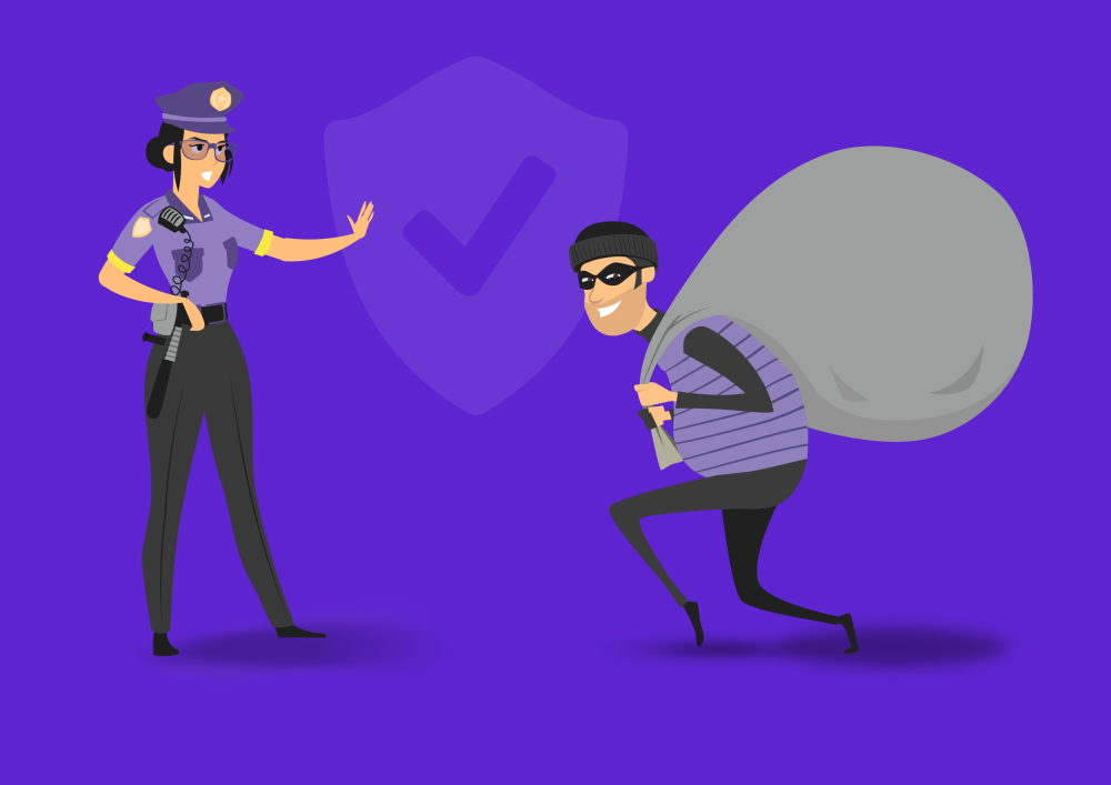 A policewoman representing cyber security holds up her hand to a robber representing a cyber threat trying to steal business data. BTP UK IT Support Whiteley, Fareham, Hampshire